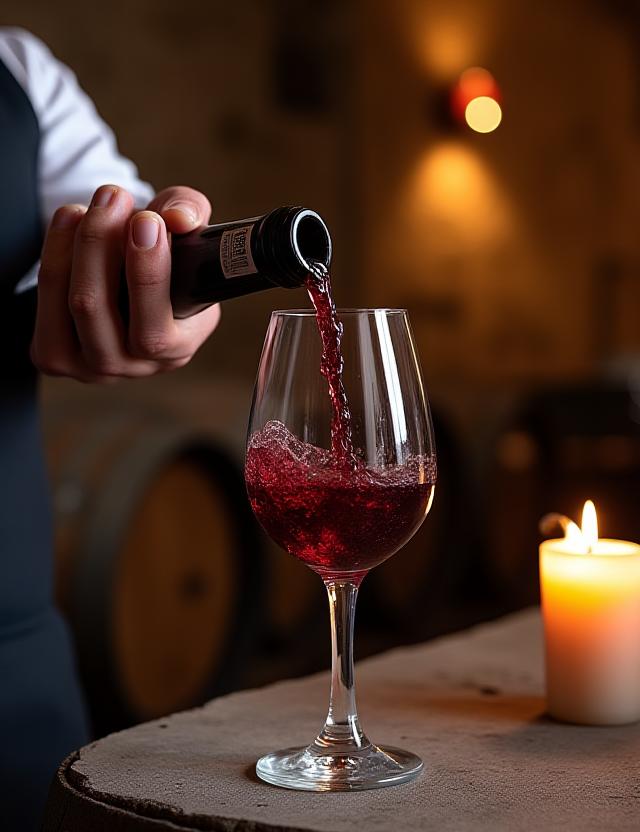 Sommelier versa vino in un calice in cantina storica