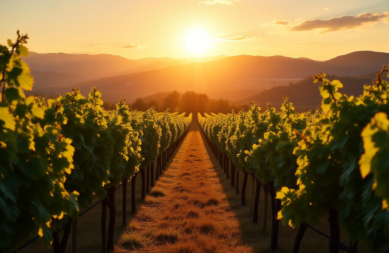 Vista panoramica dei vigneti storici al tramonto