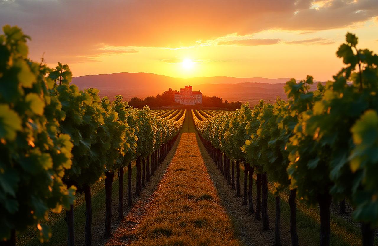 Vista panoramica dei vigneti Logos Vigna al tramonto